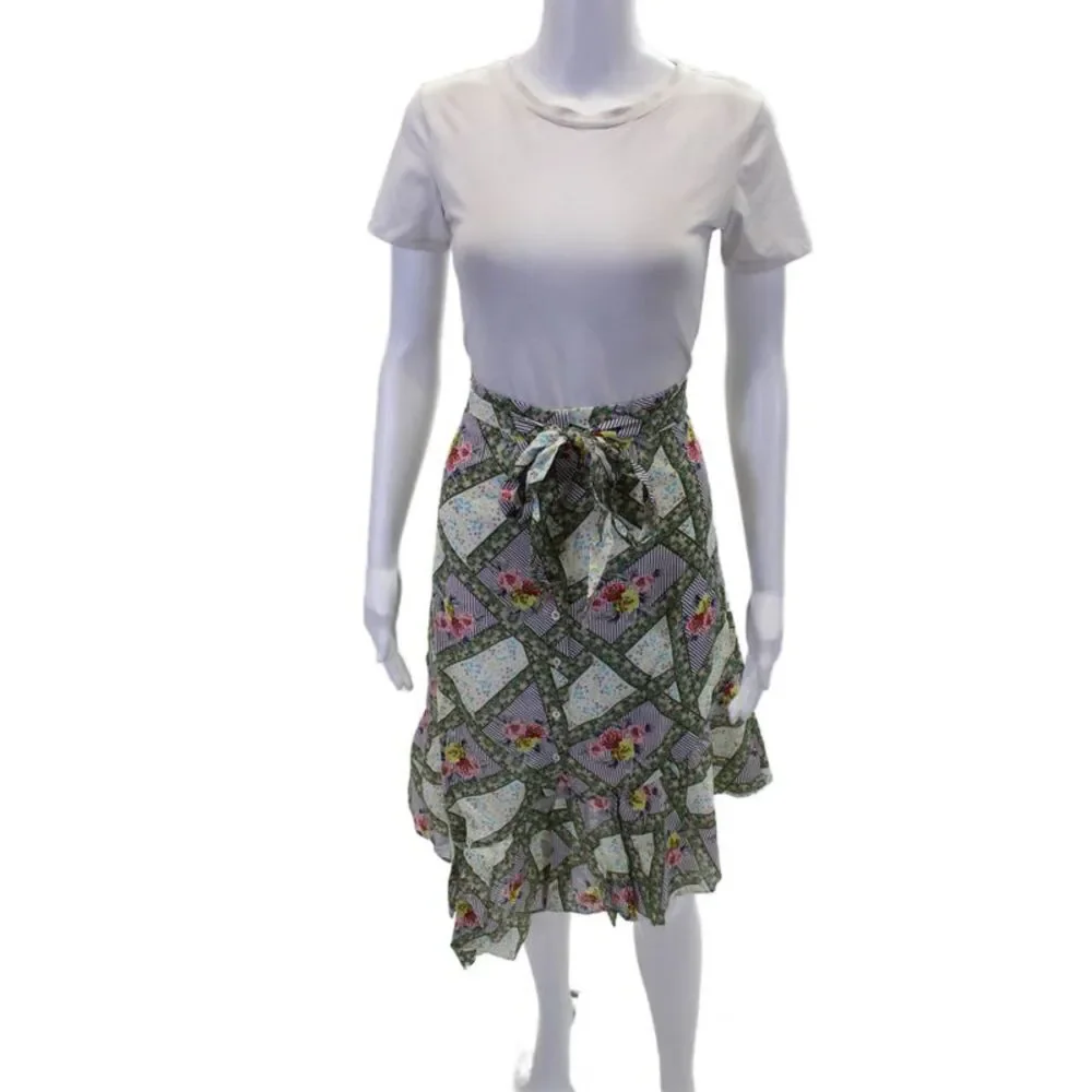 Playa Lucila Womens Button Front Belted Floral Striped Skirt Multicolored Small